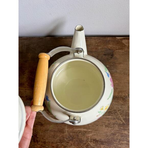 Vintage 80's Decorative Enamel Floral Teapot with Wooden Handle | Enamel Kettle - Picture 5 of 7